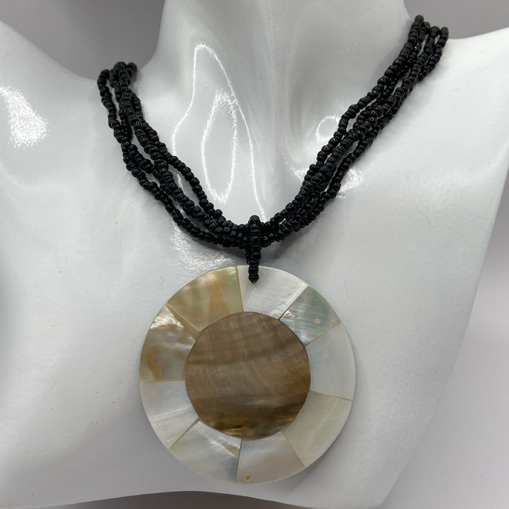 Four Strand Black Bead Shell Pendant Necklace 19”L